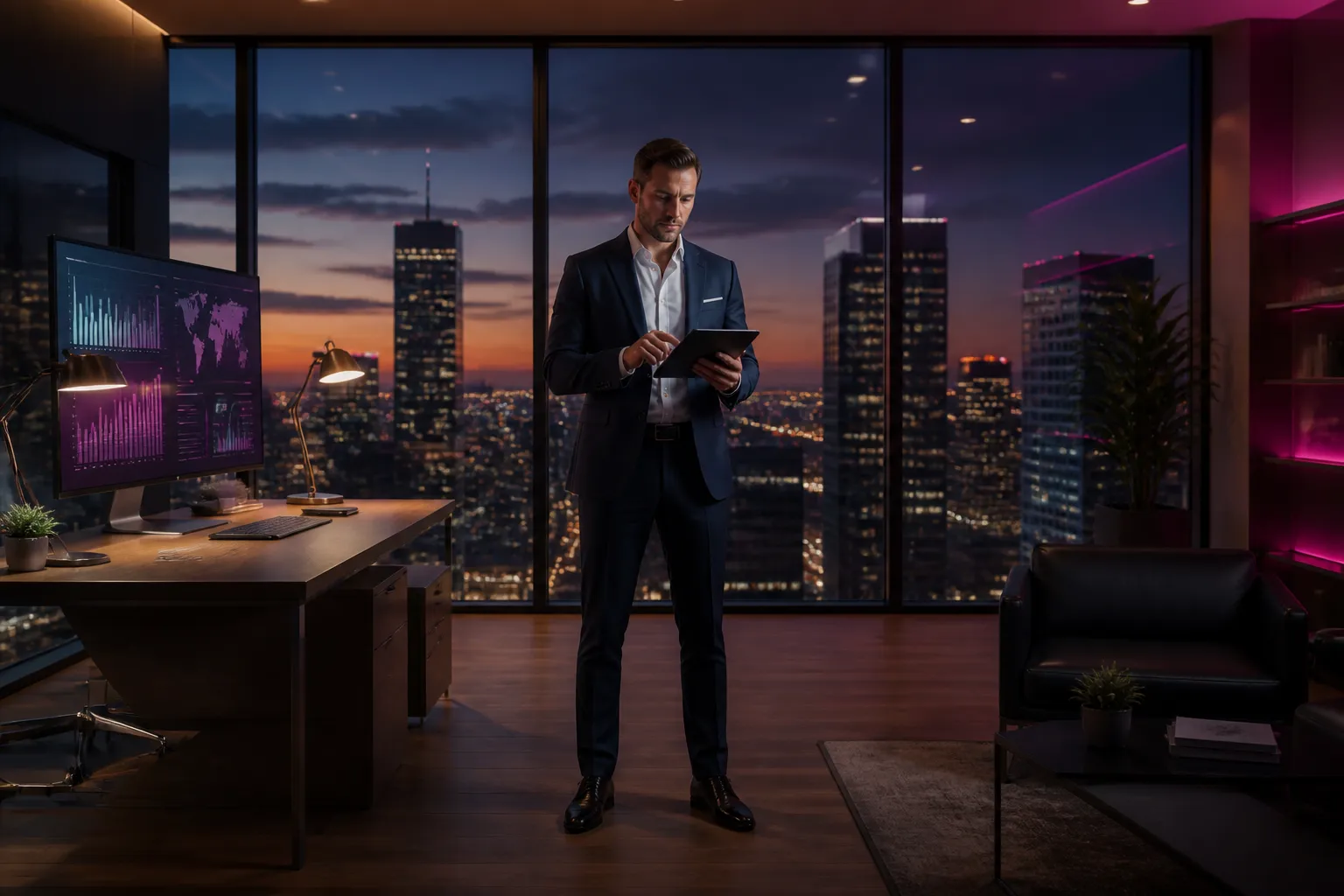 CRE professional reviewing AI automation dashboard in modern office